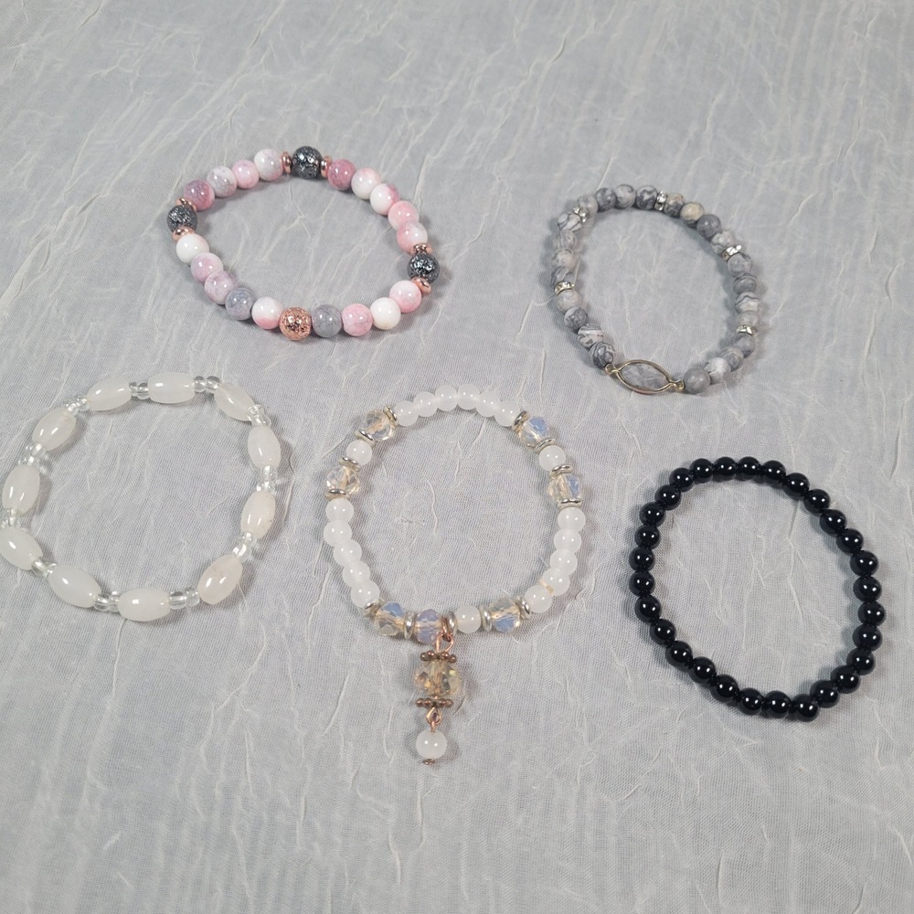 Beaded Stretch Bracelet Lot 5 Women Multicolored Stone Glass Boho Mix Jewlery